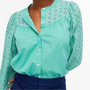 J. CREW 100% Cotton Eyelet Button 3/4 SLV Career Preppy Green/Mint Blouse SZ 2X